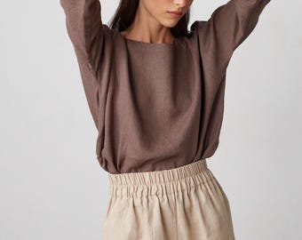 SALE Damen-Leinenshorts mit hohem Bund, elastischem Bund und Seitentaschen | ISLA