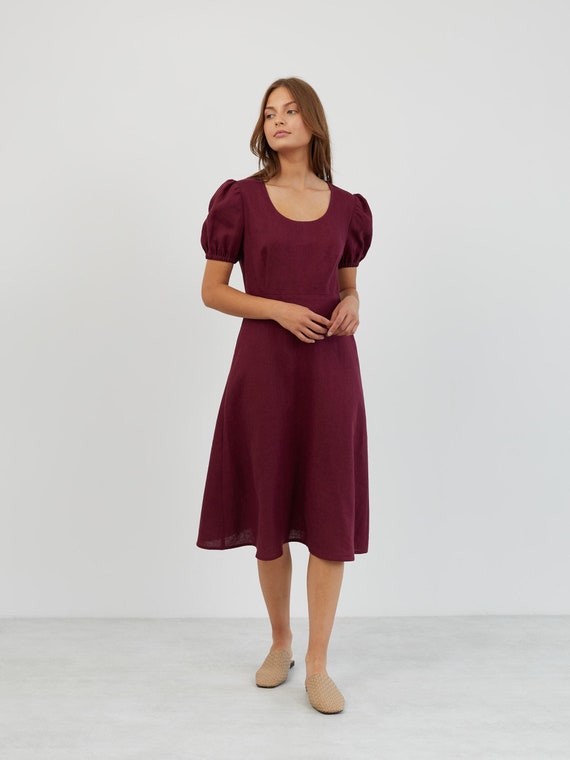 linen scoop neck midi dress Women's 100% European Linen Scoop Neck Midi Dress in Taupe Brown Gingham, Size 2X by Quince