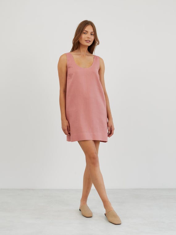 Sleeveless Linen Shift Dress, Salmon Pink Mini Sundress | Samie