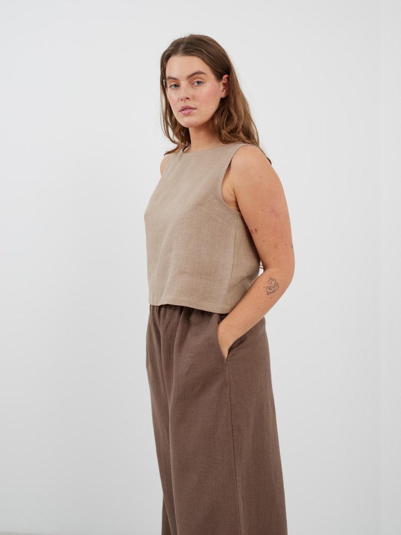 Wide Leg Linen Pants PEARL / Elastic Waist Flowy Trousers / High Waist Palazzo zdjęcie 6