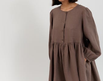 SALE Women's Linen Midi Dress, Balloon Sleeves and Gathered A-Line Skirt | DIANA
