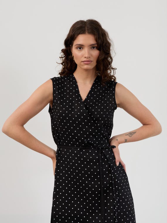 Linen Mini Wrap Dress, Black Polka Dot, Sleeveless V Neck | BROOKE - Etsy  Israel