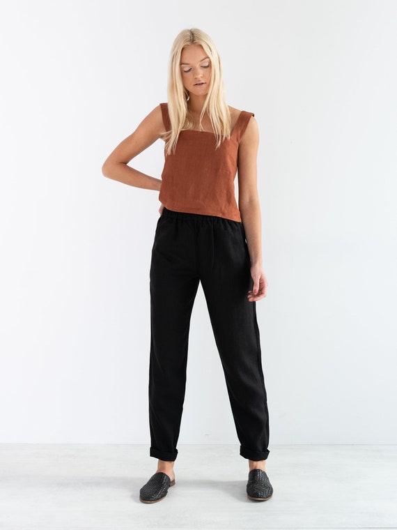 BRINLEY Linen Pants for Women / High Waisted Linen Trousers in Black 