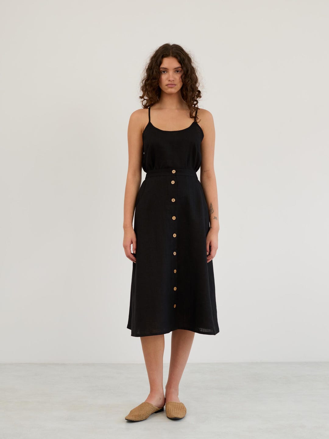 Front Tie Detail Linen Skirt Co-Ord Black
