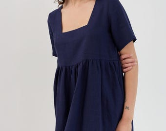 SALE Women's Linen Smock Dress, Square Neck, Short Sleeves and Pockets | SERENA