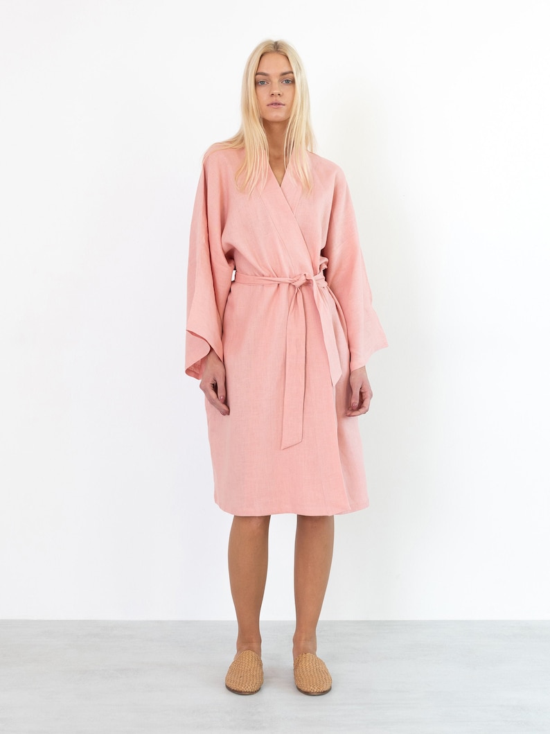 LUNA pink linen kimono robe, straight front view showing the waist belt and knee-length hem.