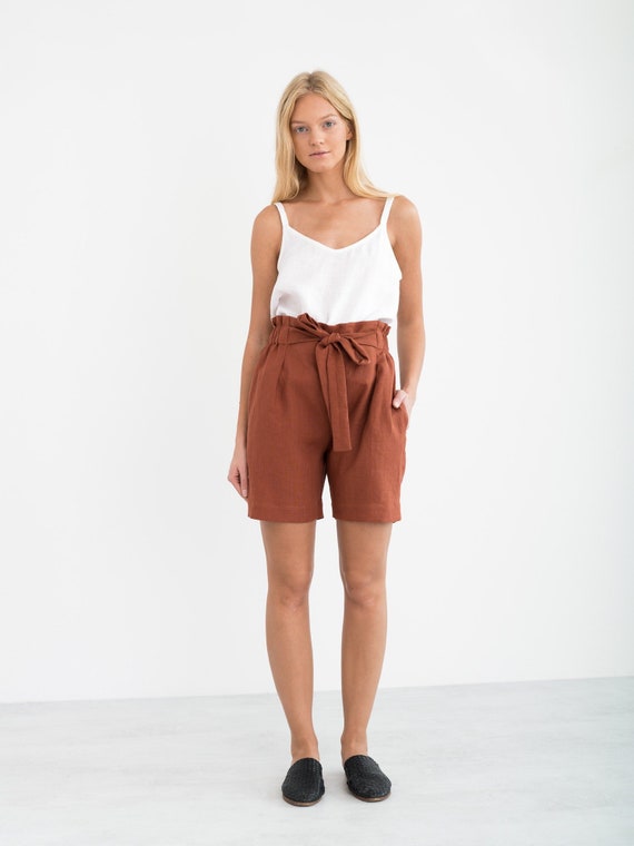 CORA Linen Shorts / High Waisted Linen Shorts / Paper Bag Beach Shorts /  Handmade Clothing for Women 