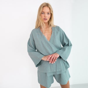 Ready to ship, Linen Kimono Top DELILAH, Light Summer Jacket, Tie Front