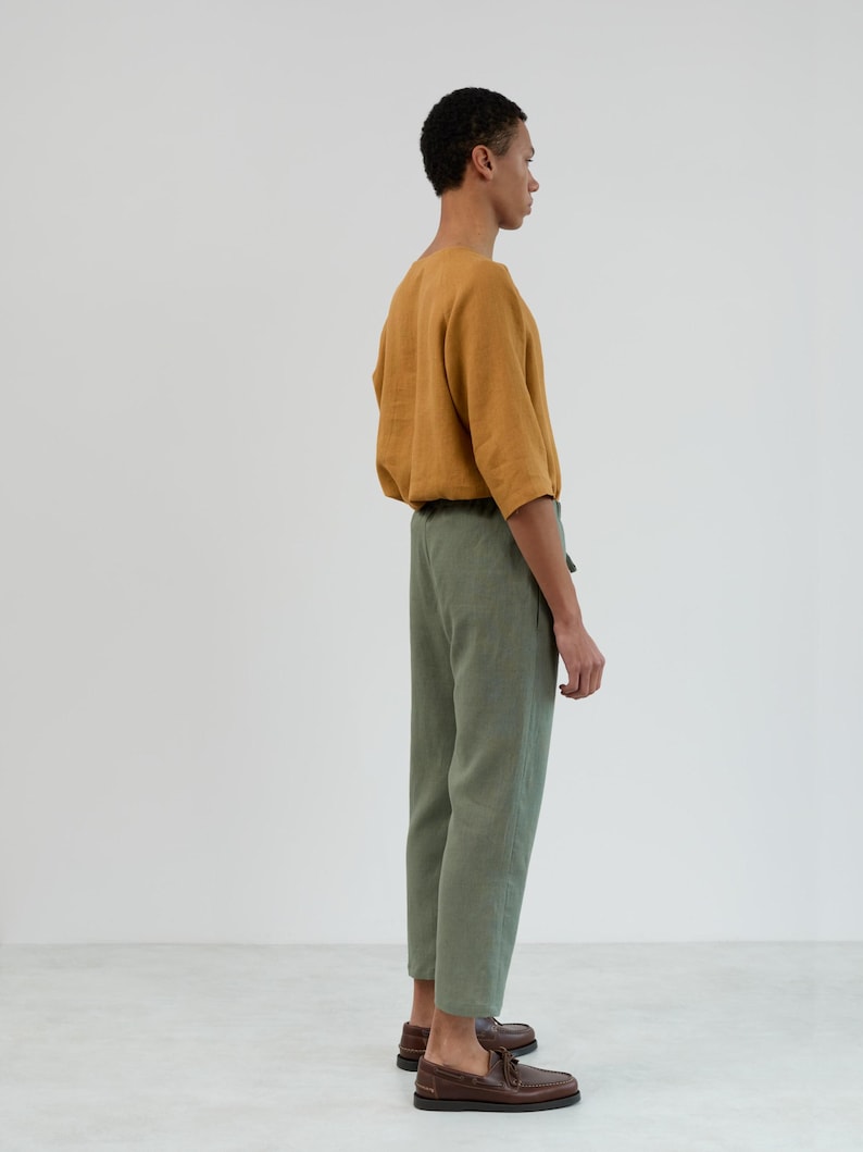 Image 3 of Mens Linen Drawstring Pants DOMINIC, Relaxed Fit Casual Trousers for Summer, Beach Resort Wear Slacks in "Sage Green" by LAC