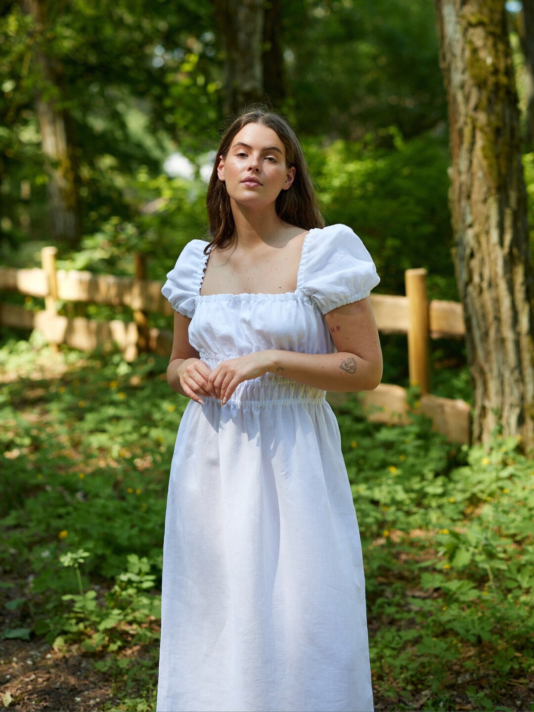 Structured Linen Midi Dress with Puff Sleeves and Timeless A-Line Silhouette main image 1