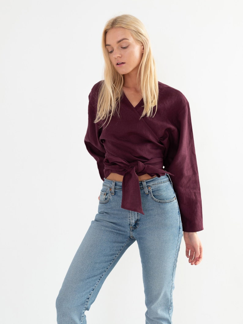 JUNE Linen Wrap Top / Linen Wrap Blouse / Long Sleeve Tie - Etsy
