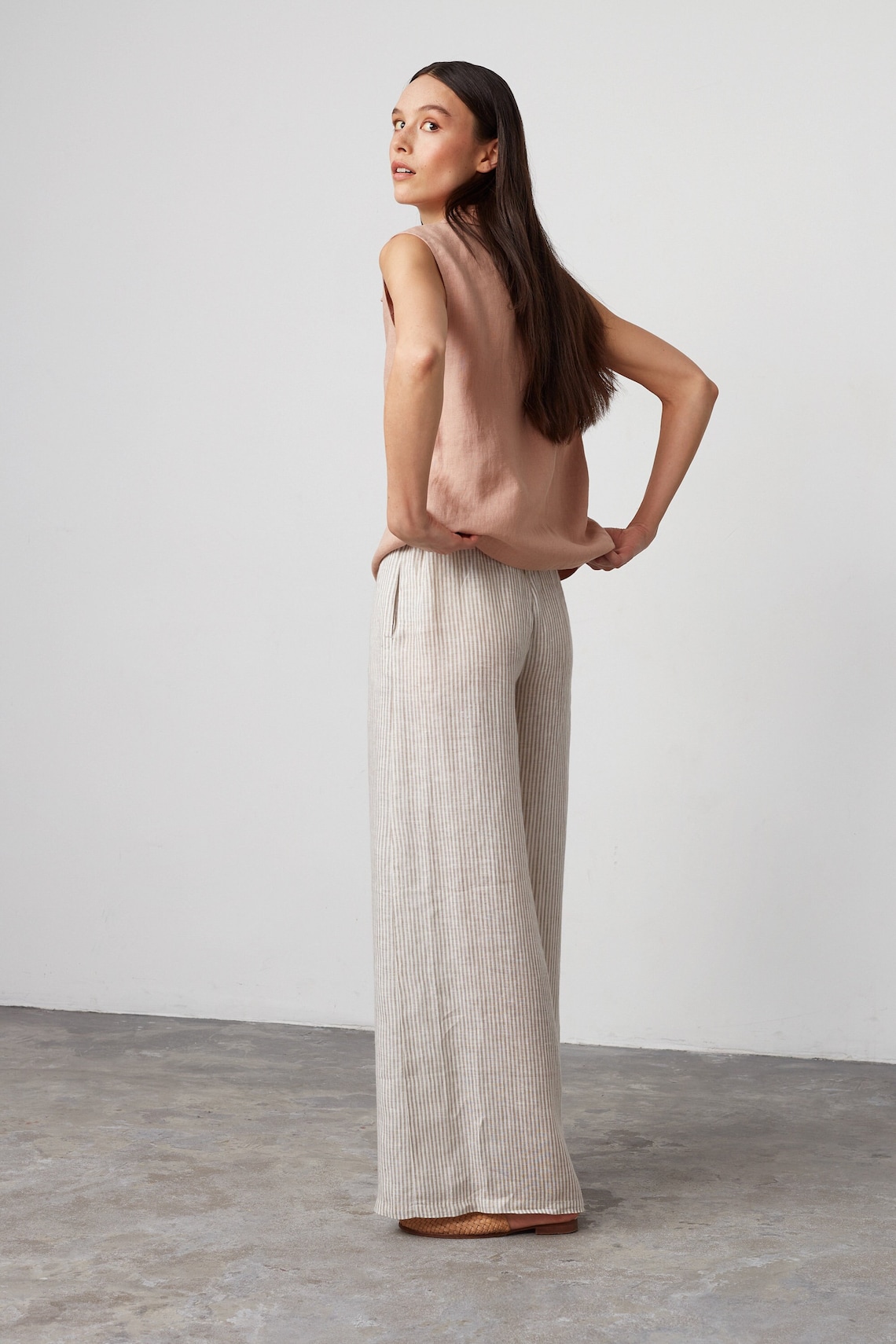 Airy Floods - Linen Pants With Elastic Waist