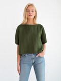 Short-sleeve linen top, relaxed blouse, forest green, handmade | BEE product logo