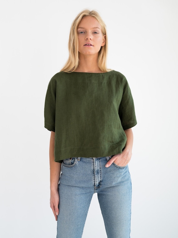 Short-sleeve Linen Top, Relaxed Blouse, Forest Green