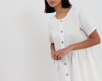 SALE Women's Button-Front Linen Midi Dress, Short Sleeves and Pockets | DOVE