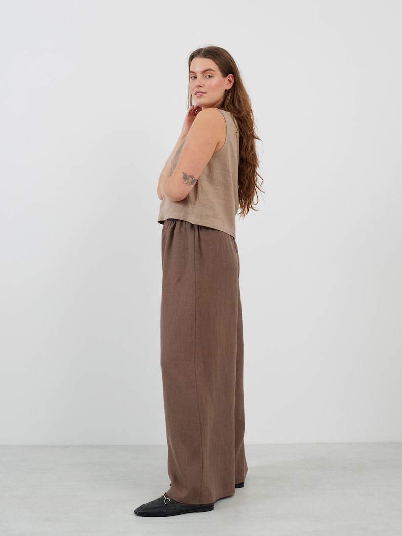 Wide Leg Linen Pants PEARL / Elastic Waist Flowy Trousers / High Waist Palazzo zdjęcie 7