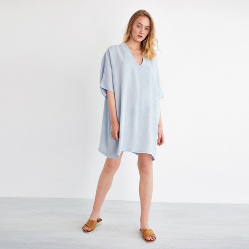 White Linen Dress Peony, Oversized Summer Tunic with Loose Short Sleeves
