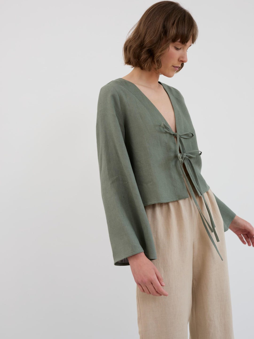 Linen Look Balloon Sleeve Tie Back Crop Top
