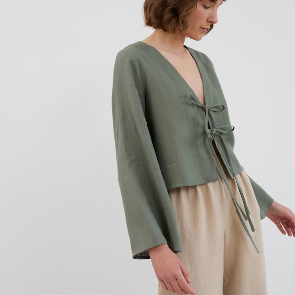 Cropped Tie-Front Linen Top CASSIDY | Boho Bell Sleeve Blouse | Summer Top