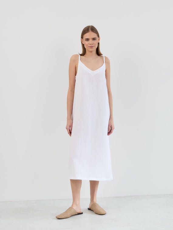 Vestido lencero de lino midi WILLOW en blanco / Vestido lencero de lino con escote en V y tirantes finos - Etsy España