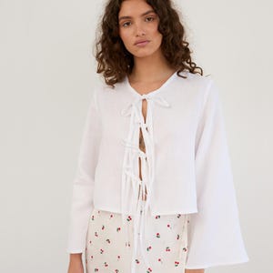 Tie Front Linen Top BLAIRE in White / Long Sleeve Tie Shirt / Linen Kimono Tie Front Shirt / Cropped Tie Jacket - Image 3
