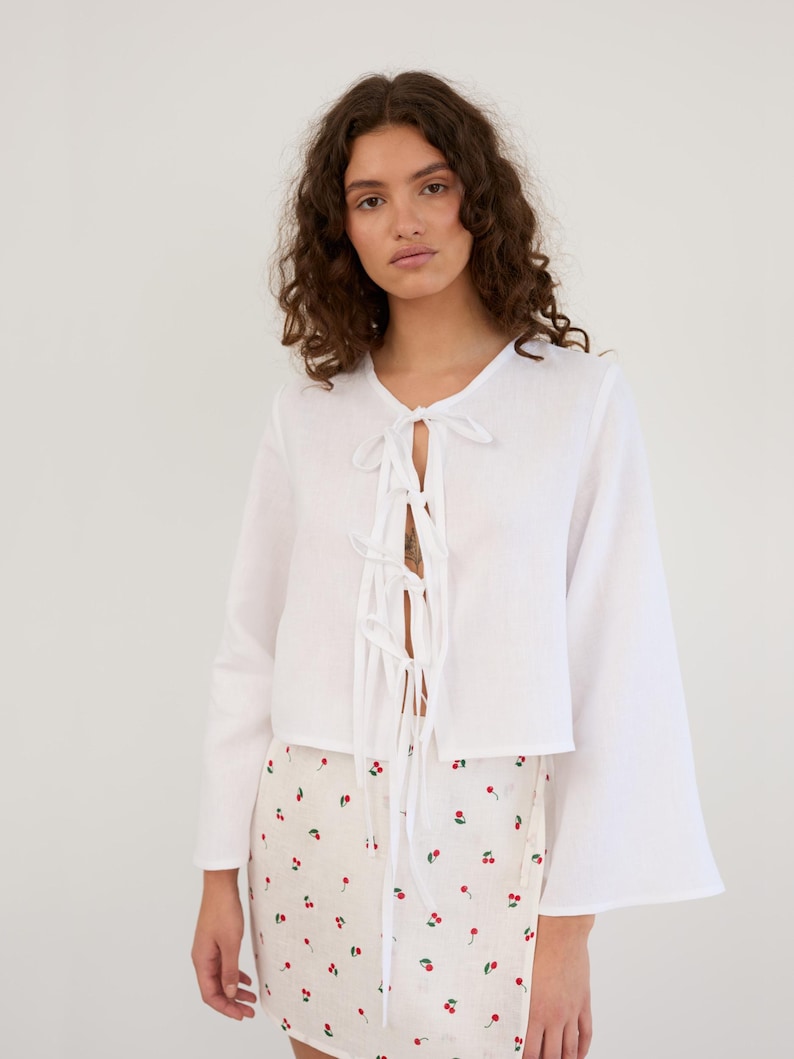 Tie Front Linen Top BLAIRE in White / Long Sleeve Tie Shirt / Linen Kimono Tie Front Shirt / Cropped Tie Jacket - Image 3