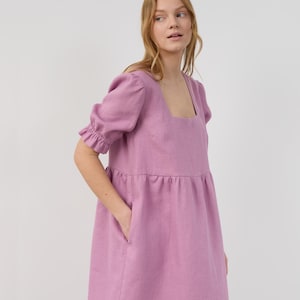 Linen Babydoll Dress FIONA / Puff Sleeve Linen Dress / Smock Square Neck / Linen Mini Dress