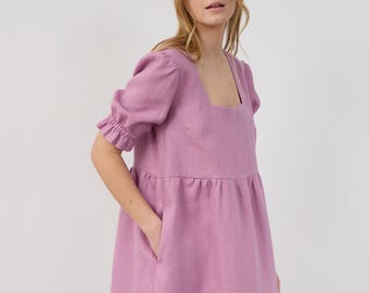 Linen Babydoll Mini Dress, Square Neck Puff Sleeve, FIONA