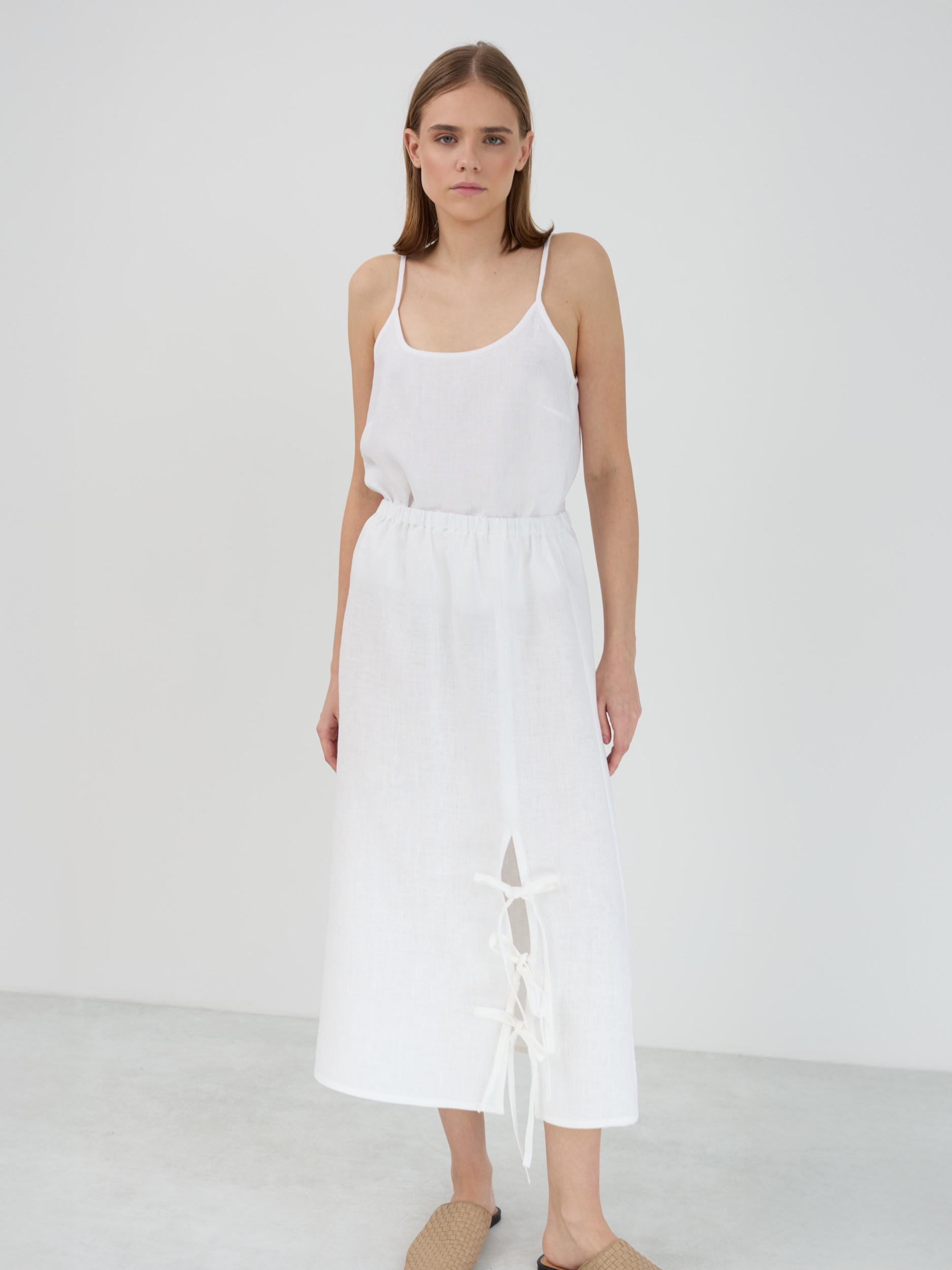 White Linen Midi Skirt with Ties ANYA | Long Flowing Boho Skirt | Summer Linen Bow Skirt