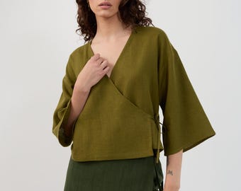 SALE Women's Linen Wrap Top, V Neck and Wide Three-Quarter Sleeves | SOFIA
