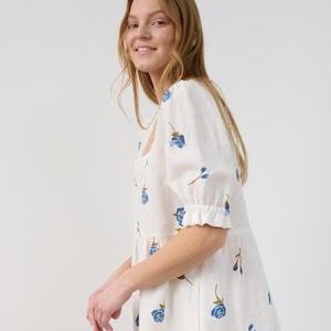 Linen Babydoll Dress FIONA / Puff Sleeve Linen Dress / Smock Square Neck / Linen Mini Dress
