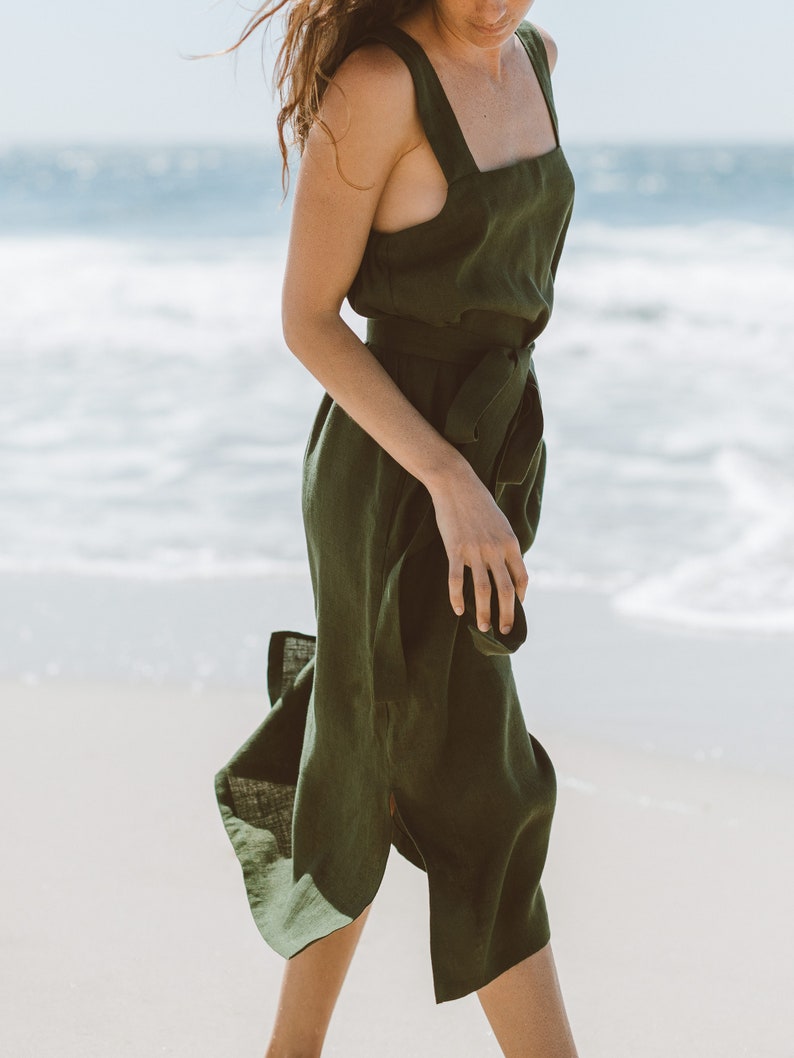 ELLIDY Linen Dress / Strap Summer Dress in Forest Green image 4