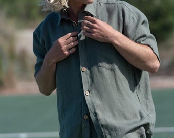 SALE Men's Short Sleeve Linen Shirt, Button Front and Chest Pocket | ALLAN