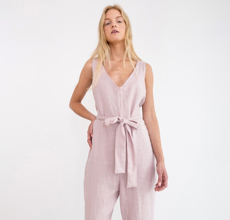 MADELINE Linen Jumpsuit With Belt / Sleeveless V-Neck Linen Overall zdjęcie 1