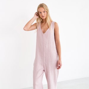 Linen jumpsuit, sleeveless v neck romper | MADELINE