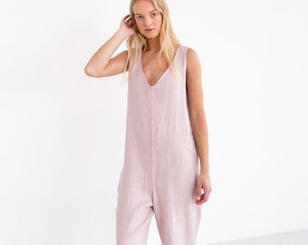 MADELINE Linen Jumpsuit / Sleeveless V-Neck Loose Linen Overall / Linen Romper