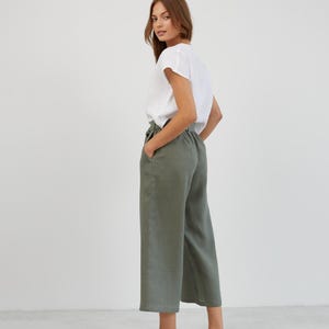 Linen Wide Leg Pants ALLIE / Linen Cropped Pants / Linen Beach Capris / Paperbag Linen Pants - Image 5