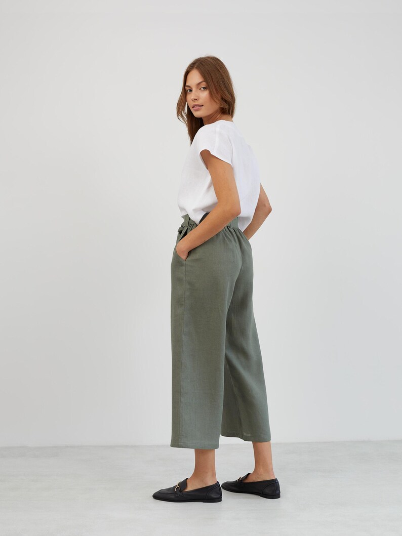 Linen Wide Leg Pants ALLIE / Linen Cropped Pants / Linen Beach Capris / Paperbag Linen Pants - Image 5