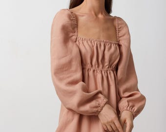 SALE Women's Square Neck Linen Midi Dress, Long Gathered Sleeves | MARGOT