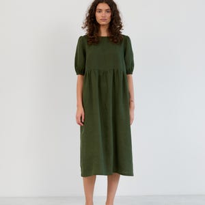 Ready to ship, Linen Midi Dress ESME, Handmade Puff Sleeve Dress with Empire Waist