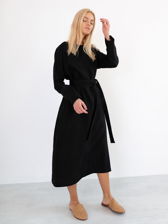 Dawn Linen Maxi Dress / Black Dress with Belt Dawn Linen Maxi Dress / Black Dress with Belt