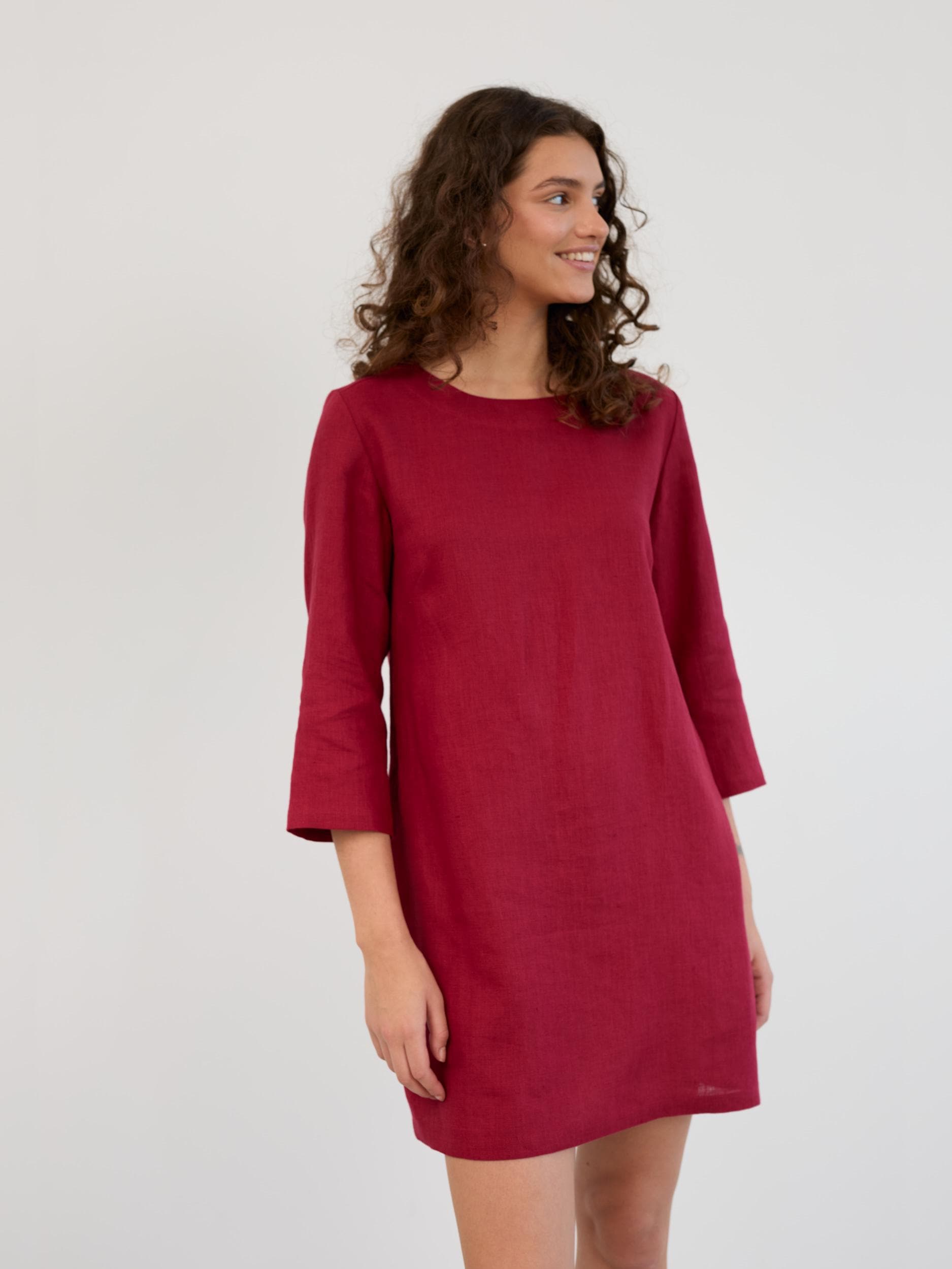 Red linen mini dress, three quarter sleeve, casual | MABEL