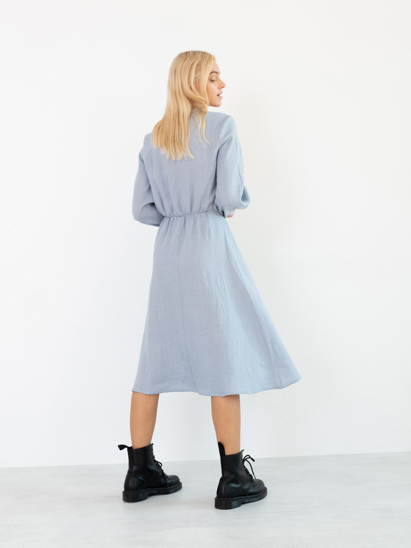Women's Linen Button-Down Midi Dress with Long Sleeves and Waist Tie for Timeless Style main image 0