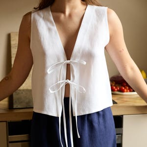 White Linen Tie Front Vest, Cropped Vest, COLE, Summer Top, Sleeveless Top, Minimalist Style, Boho Vest, Gift for Her
