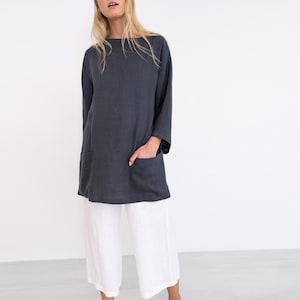 Oversized linen tunic top, dark gray with front pockets, plus size friendly | ALEXIS image 3