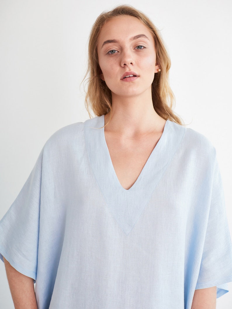 APRIL Tunic Linen Dress / Linen Kaftan Dress / Oversized Linen V Neck Dress image 3