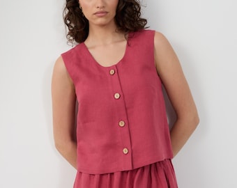 SALE Women's Sleeveless Linen Top, Round Neck and Coconut Button Front | LIA
