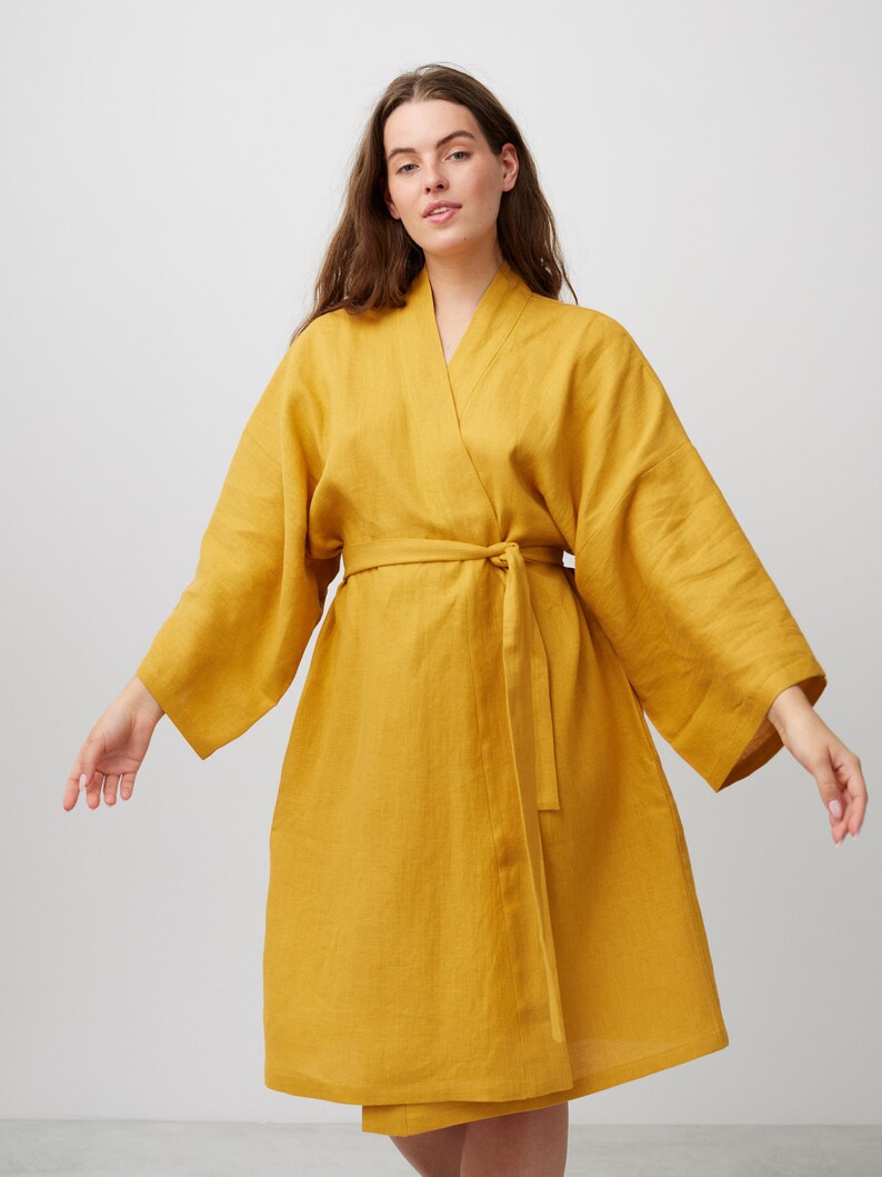Mustard Yellow Robe Linen Wrap Dress, Mustard Kimono Robe, Fall Occasion, Handmade | ATHENA ...