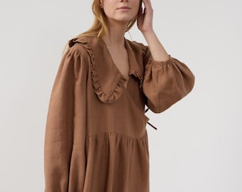 SALE Women's Linen Wrap Midi Dress, Ruffled V Neck and Long Sleeves | PARKER