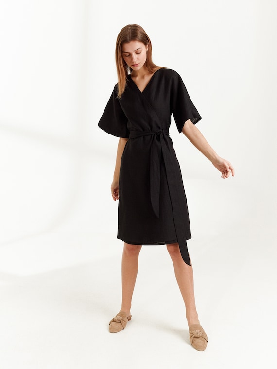 Linen Dress / Black Linen Kimono Wrap Dress - Etsy